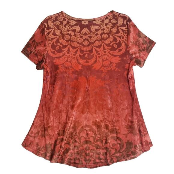 Lily by Firmiana Burnout Velvet Orange Short Sleeve V Neck Tunic Top. Size M NWT - Picture 2 of 9